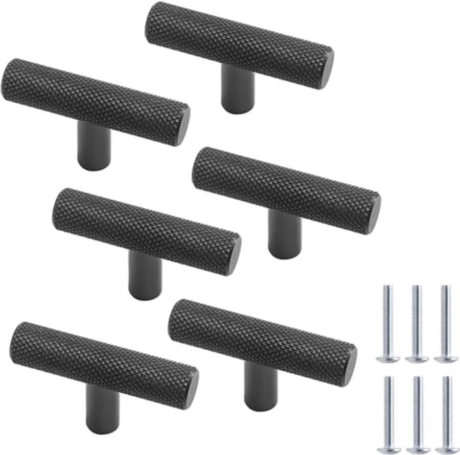 Set van 6 Matte Zwarte Kastknoppen Gekartelde T-Stanggrepen voor Keukens en Slaapkamers