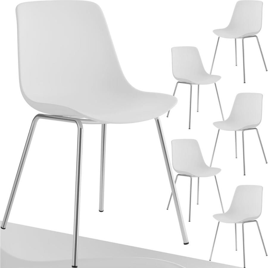Set van 6 Moderne Kunststof Eetkamerstoelen in Wit en Chroom Stylish en Comfortabel