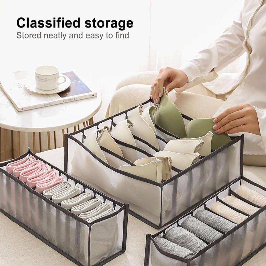 Set van 6 ondergoedlade-organizers ladekast-organizer opvouwbaar voor sokken ondergoed onderbroeken opbergdozen kleding kousen stropdassen en beha's (6 + 7 + 11 roosters) grijs