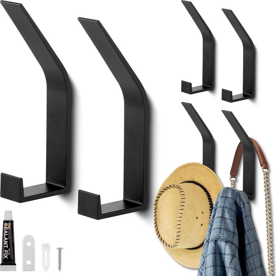 Set van 6 onzichtbare kapstokhaken wandhaken zwart zelfklevend