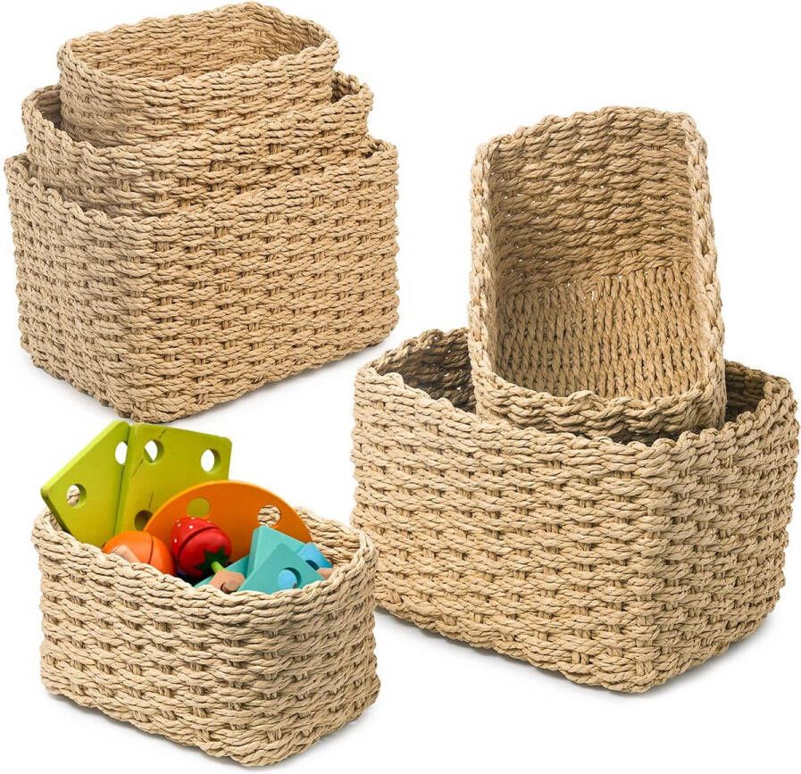 Set van 6 opbergmanden 3 maten gevlochten kleine afvalpapiertouwmand opbergdoosorganizer voor kinderkamerkast (beige)