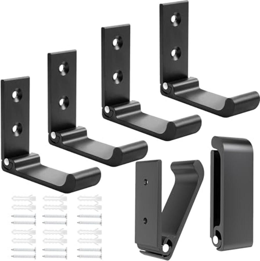Set van 6 opvouwbare kapstokken Basicon aluminium wandgemonteerde zware muurhaken met 12 schroeven voor het ophangen van jassen en tassen hoeden en rugzakken en hoofdtelefoonhouders (zwart