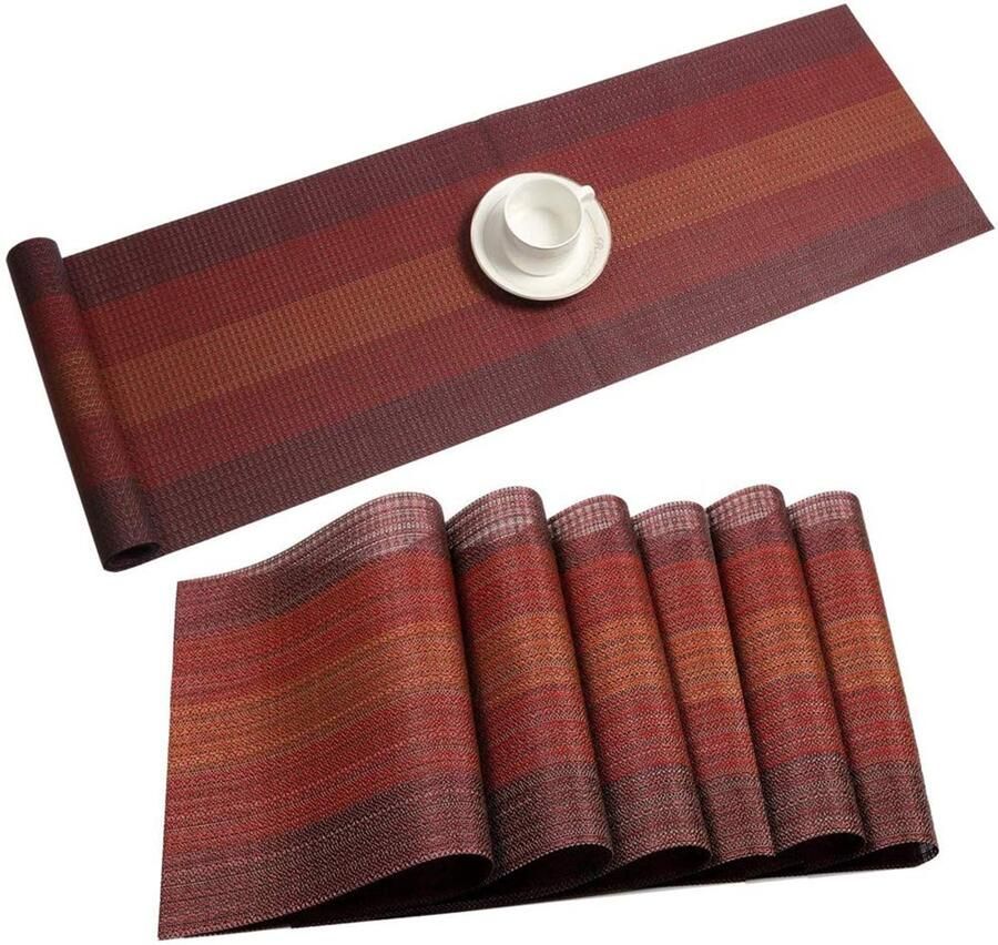 Set van 6 placemats en 1 tafelloper hittebestendig en antislip 70% PVC