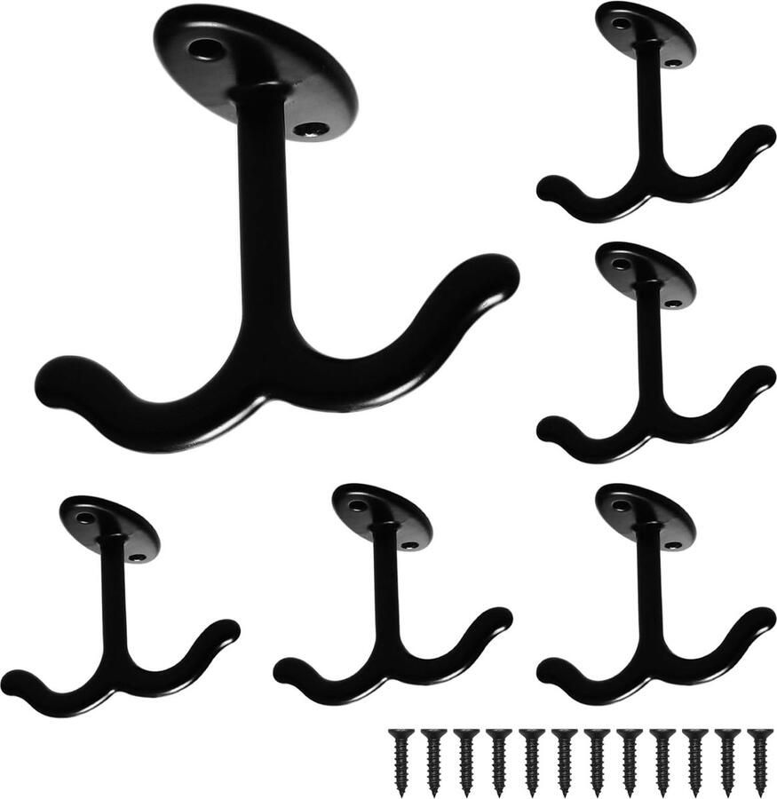 Set van 6 plafondhaken zwart dubbele haken met schroeven metalen haken kledingkast zwart voor kleding tassen hoeden
