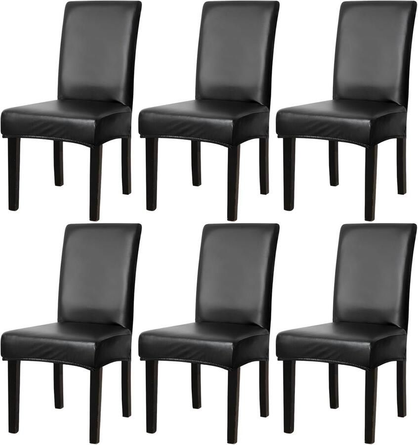 Set van 6 PU-lederen stoelhoezen Waterdichte stretch hoezen voor eetkamerstoelen Zwart
