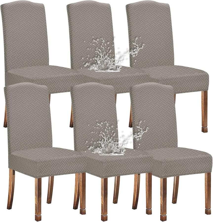 Set van 6 Rekbare en Waspbare Stoelhoezen voor Eetkamerstoelen Waterdichte Bescherming met Hoge Rugleuning (Taupe)