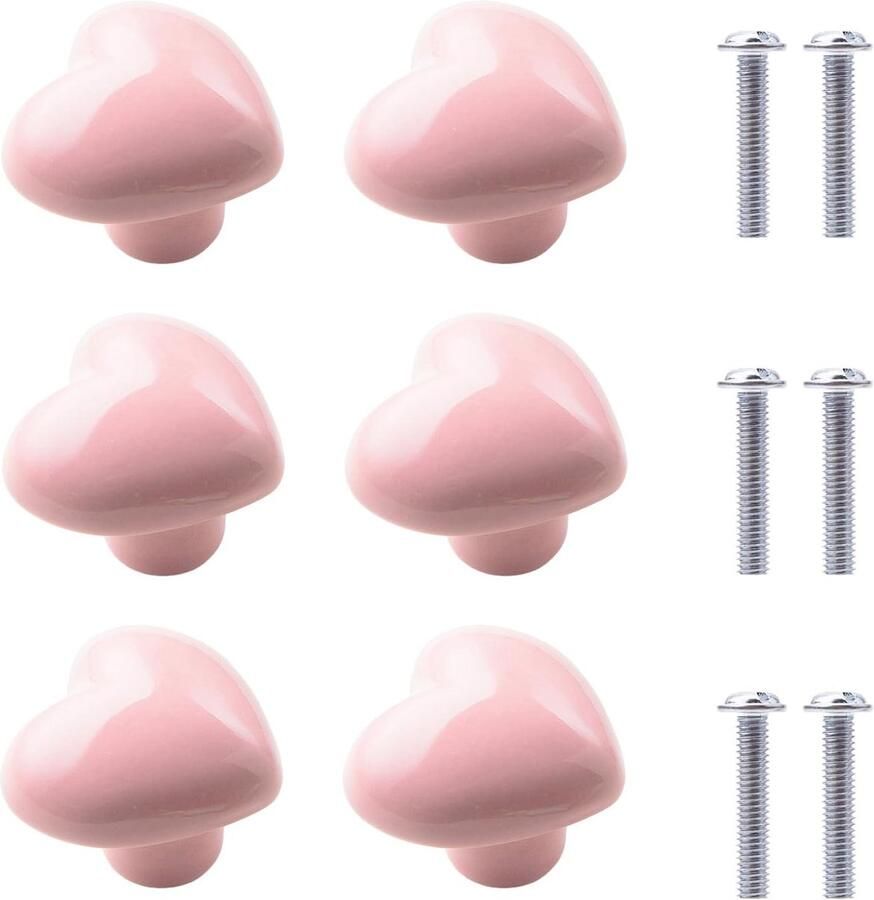 6 stuks Kastgreep Ladegrepen Keramische kastgrepen Keramisch handvat hartvormig met schroeven meubelaccessoires voor lades kasten en keukenmeubelen 4*3 6*3 1 cm roze