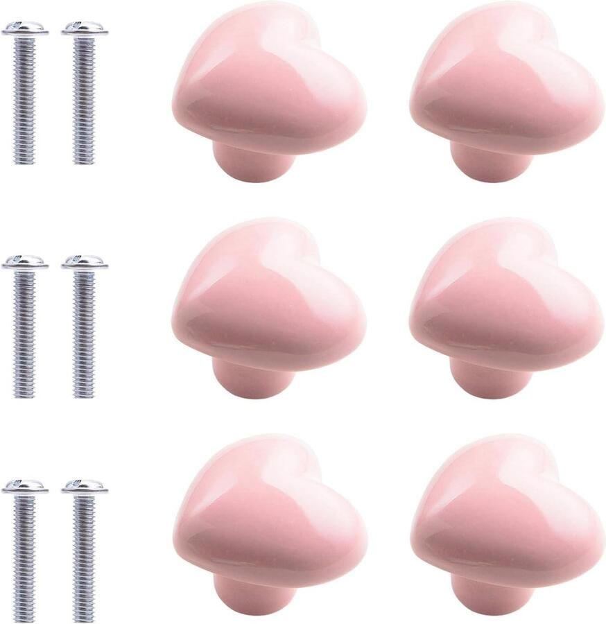 Set van 6 roze keramische knoppen hartvorm voor laden en kasten Decoratieve keukenmeubel accessoires