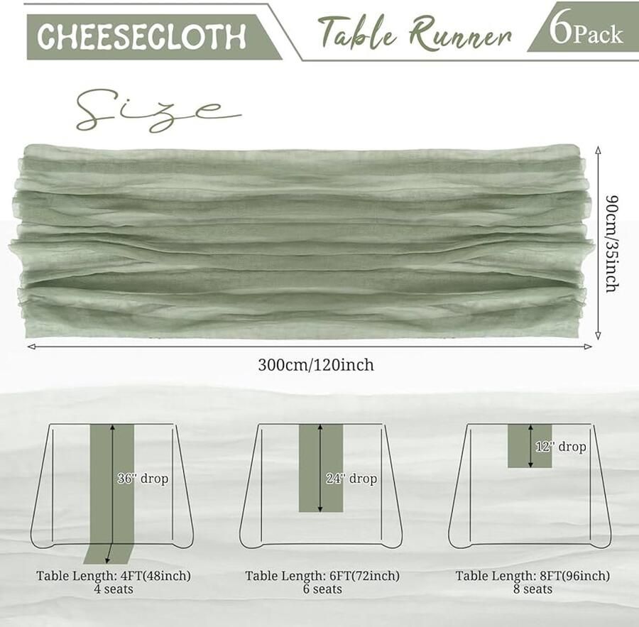 Set van 6 saliegroene kaasdoektafellopers bruiloft decoratie 90 x 300 cm
