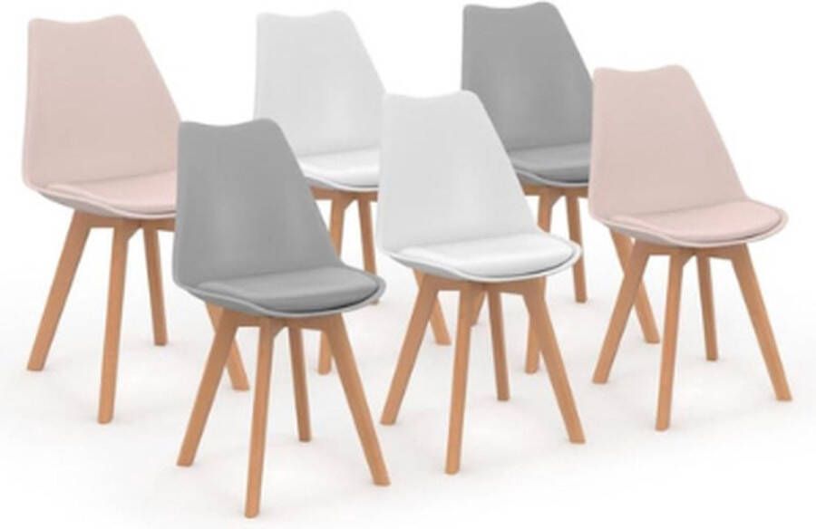 Set van 6 Scandinavische stoelen SARA Mix Color Pastel Rose x2 lichtgrijs x 2 en wit x2