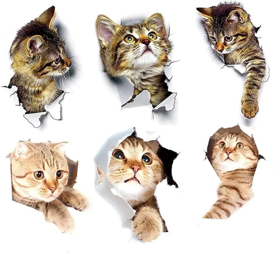 Set van 6 schattige 3D Katten Muursticker Decals Dieren Thema Stickers voor Kast en Deur Interieurdecoratie voor Kinderkamer