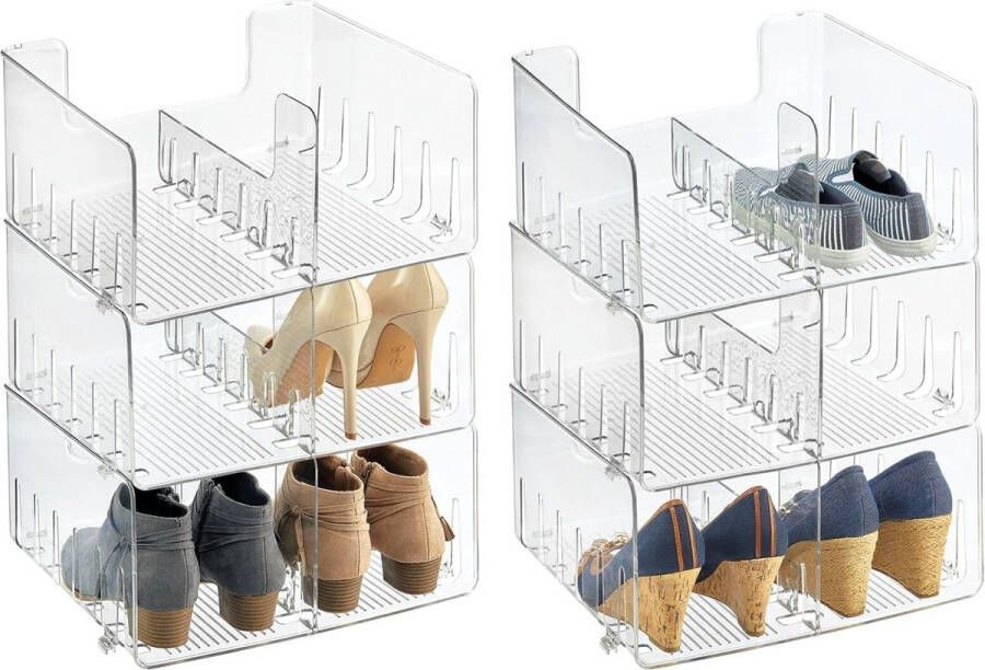 Set van 6 schoenenrekken – compacte schoenenbank van kunststof – stapelbaar schoenen rek voor het overzichtelijk opbergen van heren- en damesschoenen – transparant