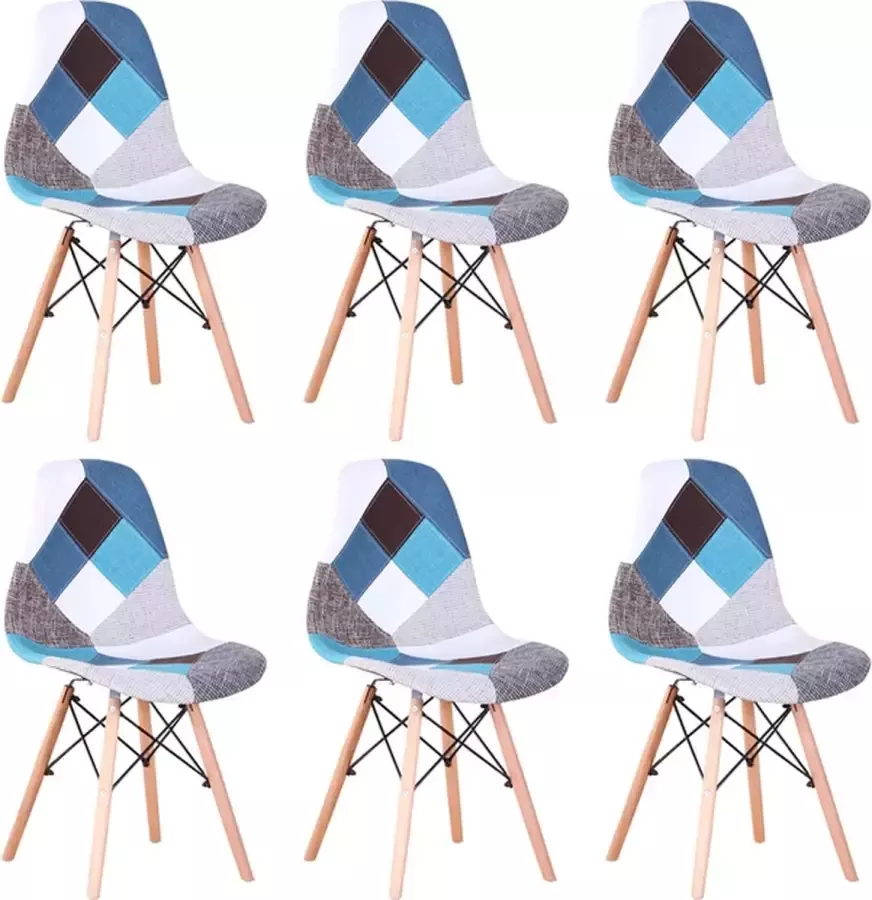 Set van 6 Stoelen Eetkamerstoel Eetkamerstoelen Houten poten 6 stoelen Geruit Blauw wit grijs