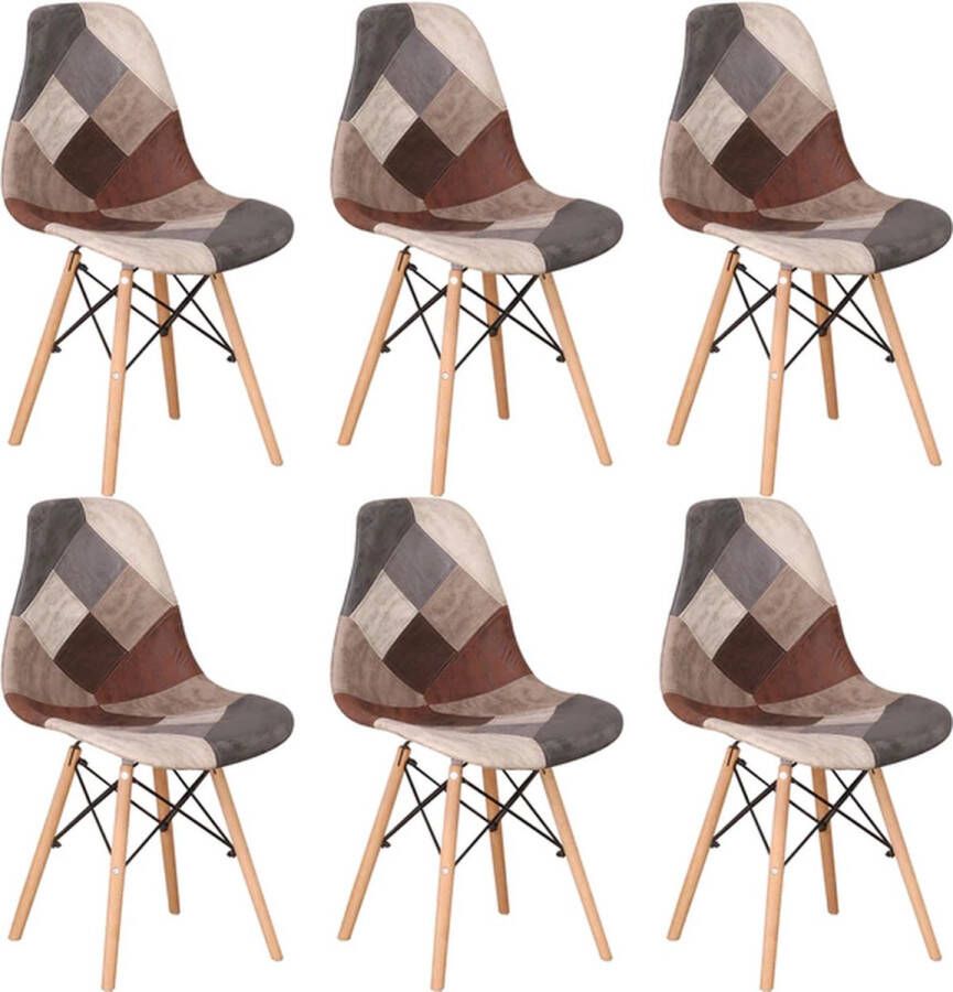 Set van 6 Stoelen Eetkamerstoel Eetkamerstoelen Houten poten 6 stoelen Voor keuken of huiskamer Moderne look Geruit Bruin