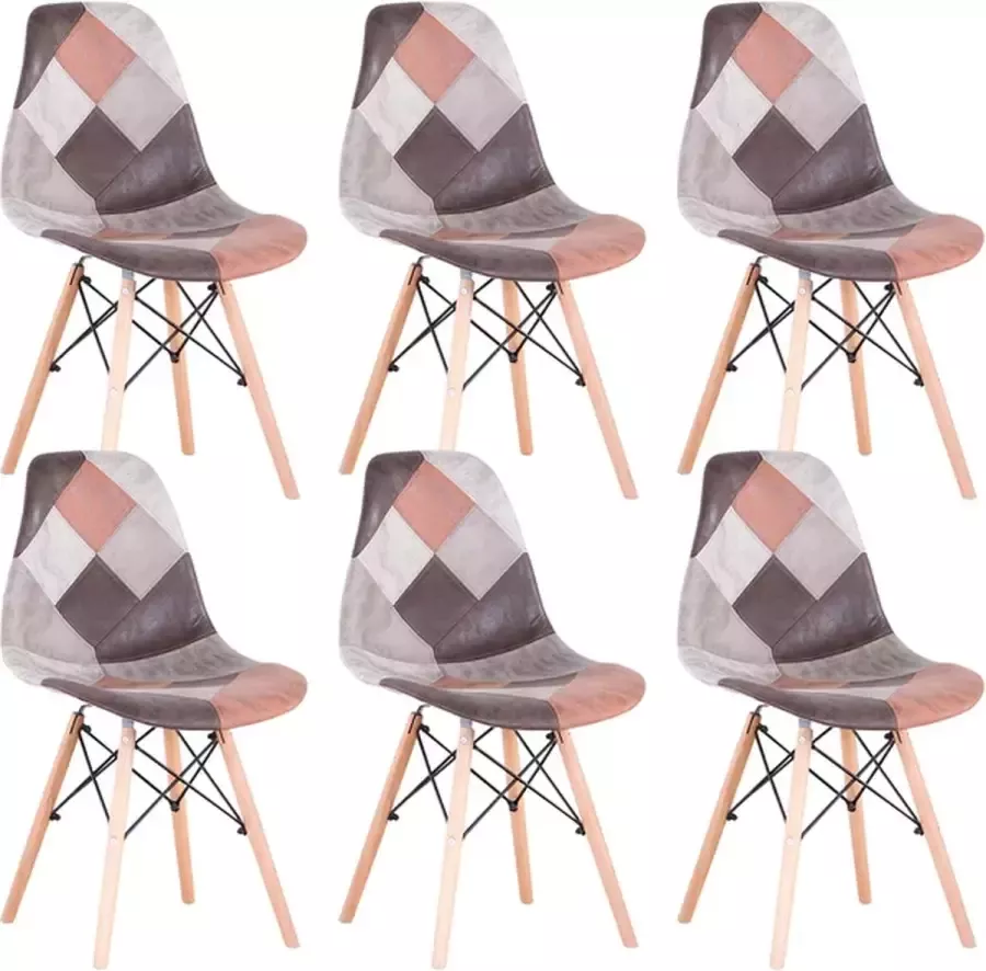 Set van 6 Stoelen Eetkamerstoel Eetkamerstoelen Houten poten 6 stoelen Voor keuken of huiskamer Moderne look Geruit Zwart wit grijs