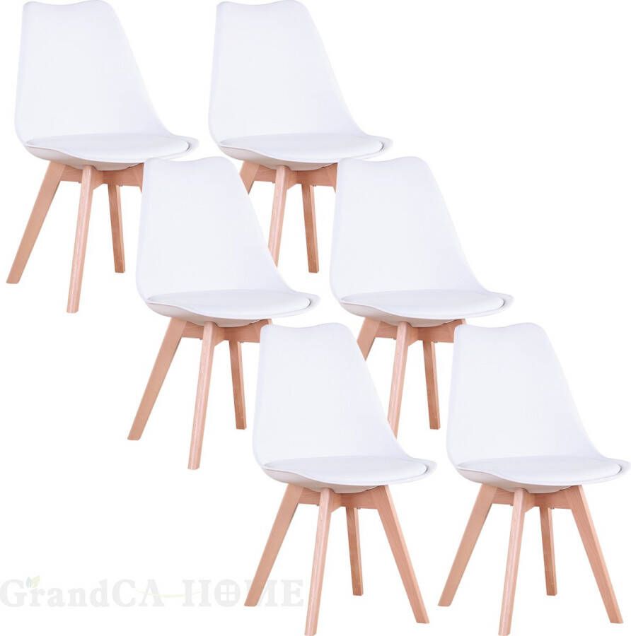 Set van 6 Stoelen Eetkamerstoel Eetkamerstoelen Houten poten 6 stoelen Wit