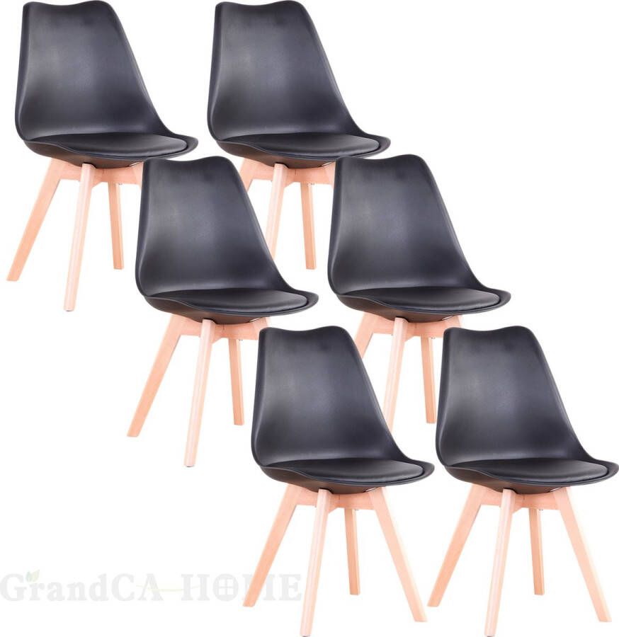 Set van 6 Stoelen Eetkamerstoel Eetkamerstoelen Houten poten 6 stoelen Zwart