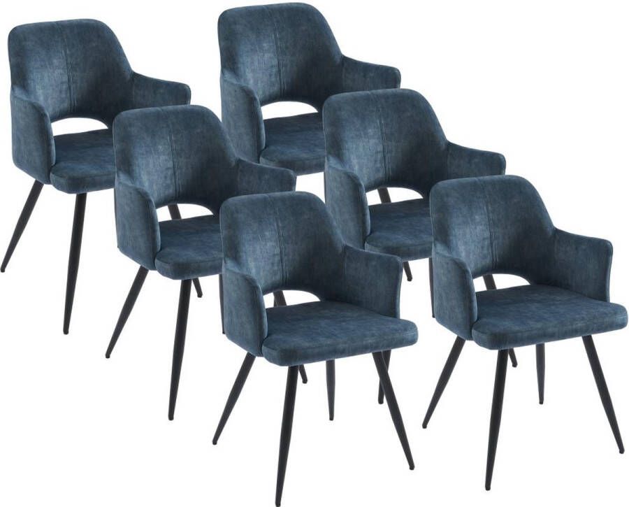 Vente-unique Set van 6 stoelen met armleuningen van stof en zwart metaal Blauw KADIJA L 54 cm x H 85 cm x D 59 cm