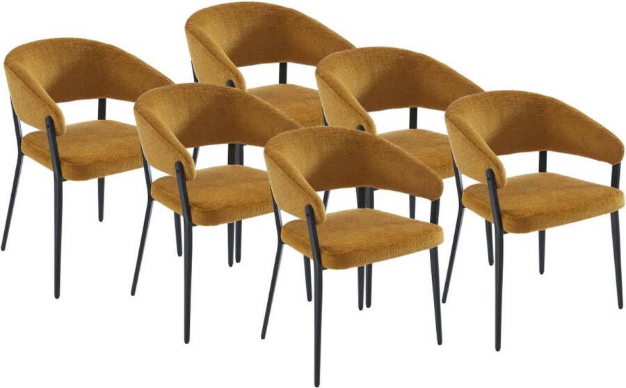Set van 6 stoelen met armleuningen van stof en zwart metaal Mosterdgeel AVRELA L 56 cm x H 77 cm x D 55 cm