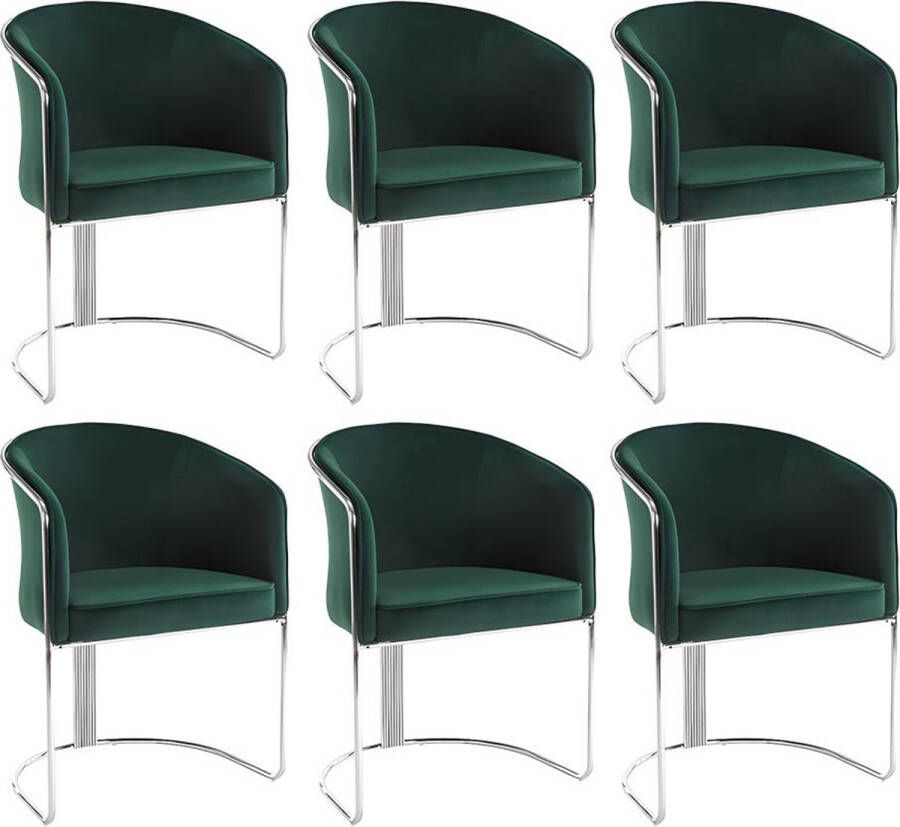 Pascal Morabito Set van 6 stoelen met armleuningen van velours en metaal Groen en verchroomd JOSETHE van L 59.5 cm x H 82.5 cm x D 52.5 cm