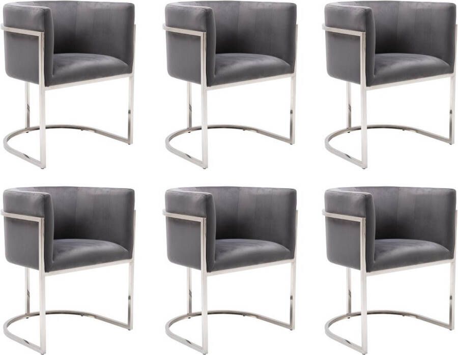 Pascal Morabito Set van 6 stoelen met armleuningen Velours en roestvrij staal Grijs en verchroomd PERIA van L 60 cm x H 76 cm x D 56.5 cm
