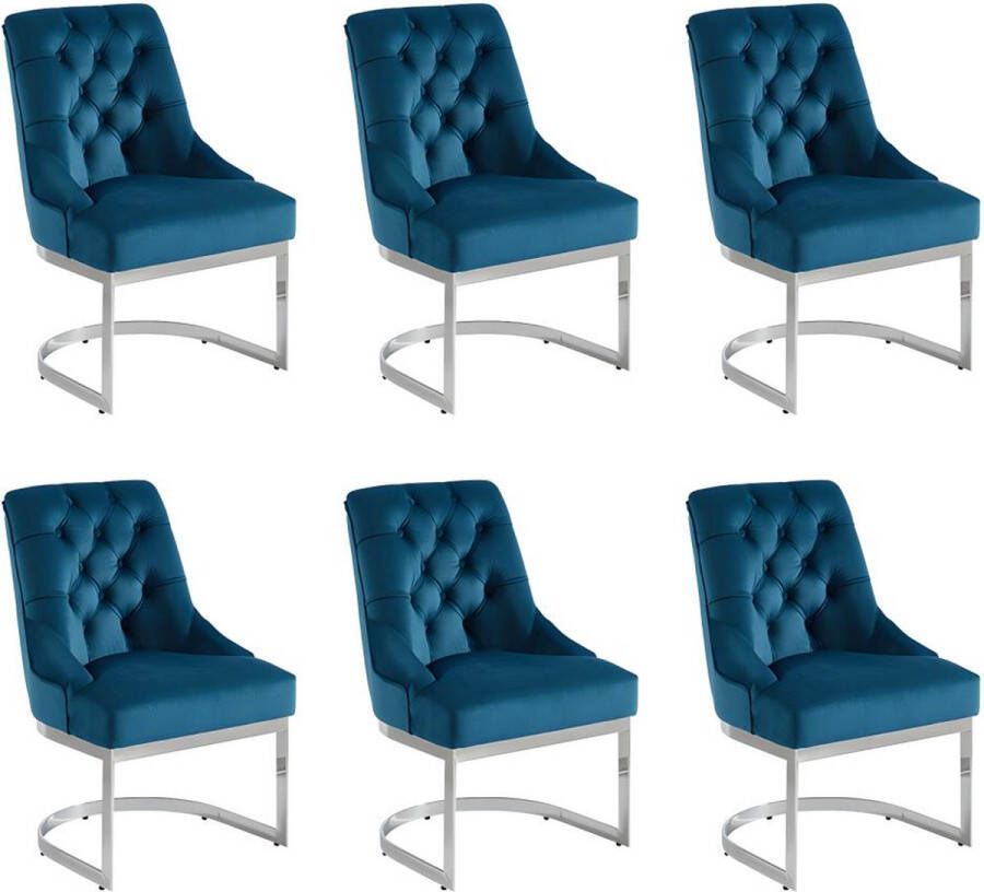Pascal Morabito Set van 6 stoelen van velours en roestvrij staal Blauw en chroomkleurige poten PORILASO van L 59 cm x H 93 cm x D 68 cm