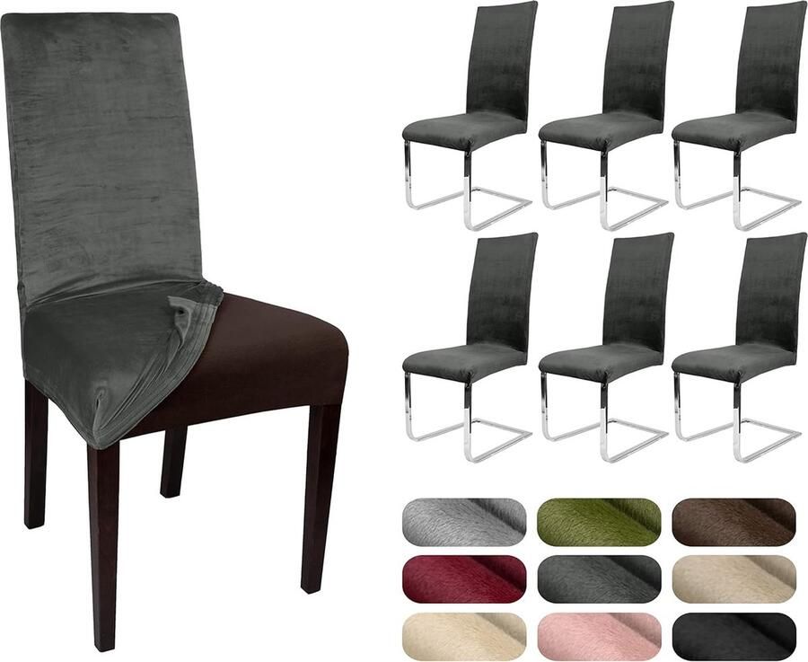 Set van 6 stoelhoezen elastische effen stretchhoezen gemaakt van fluwelen microvezel kleuren naar keuze (grijs)