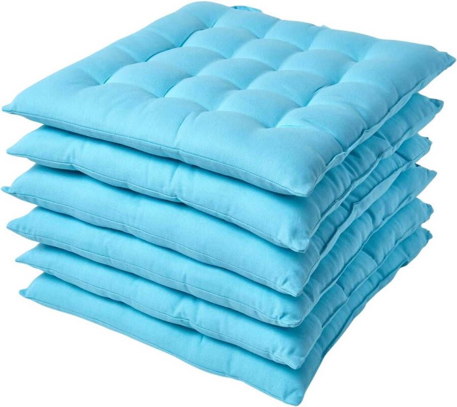 Set van 6 stoelkussens 40 x 40 cm blauw lichtblauw zitkussens met koordjes en knoopsluiting eenkleurige kussens voor stoelen met 100% katoenen hoes en zachte polyester vulling