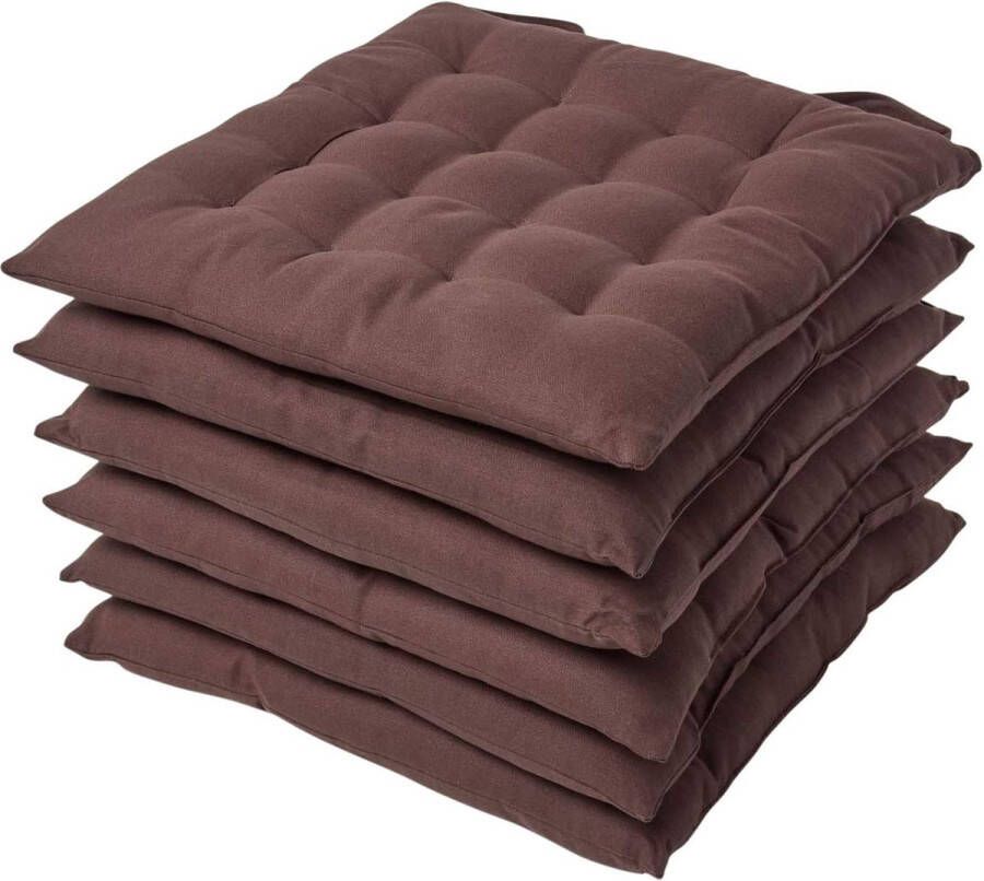 Set van 6 stoelkussens 40 x 40 cm bruin zitkussen met banden en knoopsluiting kleurrijke kussens voor stoelen met overtrek van 100% catoen en zachte polyestervulling