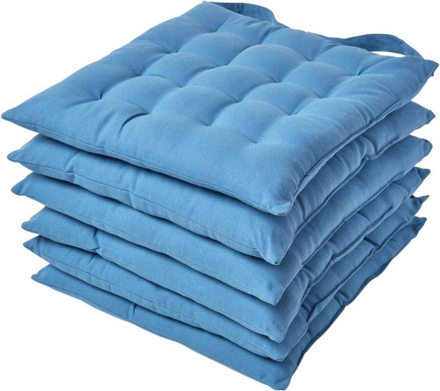 Set van 6 stoelkussens 40 x 40 cm Himmelbau zitkussens met strikbanden en knoopsluiting effen kussens voor stoelen met hoes van 100% katoen en zachte polyester vulling blauw