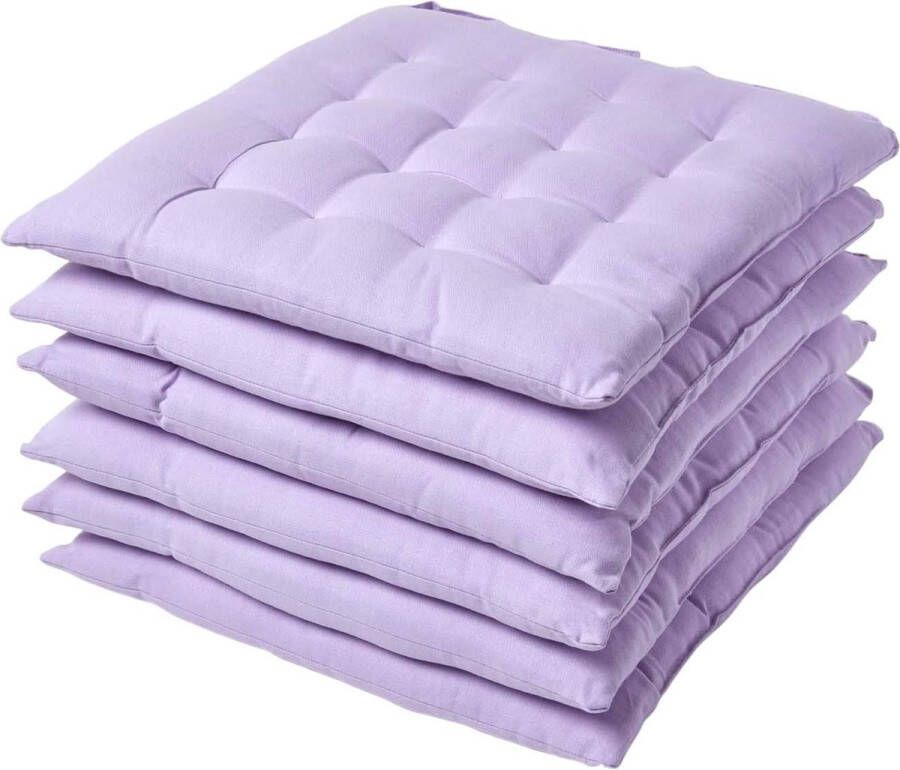 Set van 6 stoelkussens 40 x 40 cm lichtpaars zitkussen met banden en knoopsluiting eenkleurige kussens voor stoelen met overtrek van 100% katoen en zachte polyester vulling lila