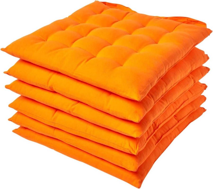 Set van 6 stoelkussens 40 x 40 cm oranje zitkussen met banden en knoopsluiting eenkleurige kussens voor stoelen met overtrek van 100% katoen en zachte polyestervulling