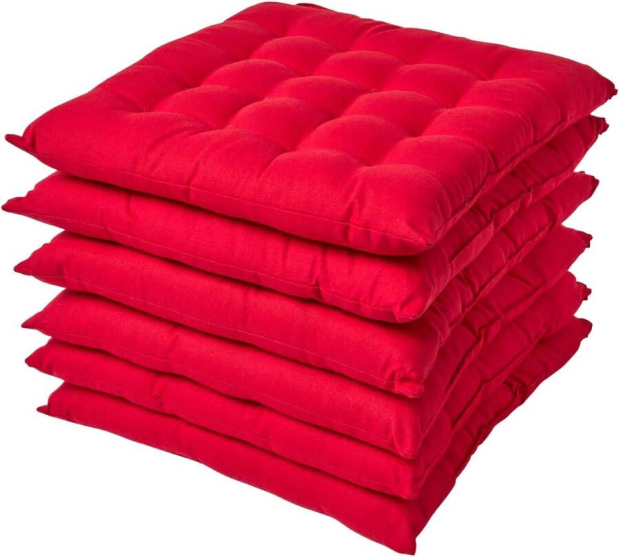 Set van 6 stoelkussens 40 x 40 cm rood zitkussen met banden en knoopsluiting eenkleurige kussens voor stoelen met overtrek van 100% katoen en zachte polyester vulling