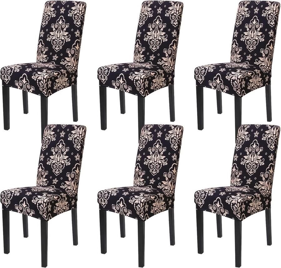 Set van 6 Stretch Stoelhoezen Verstelbaar en Wasbaar voor Gelegenheden Zwart met Bloemen