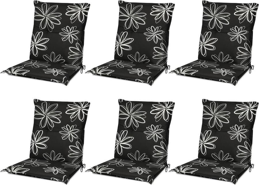 Set van 6 Tuinkussens Lage Rug met UV-lichtechtheid in Grijs met Bloemen voor Tuinstoelen