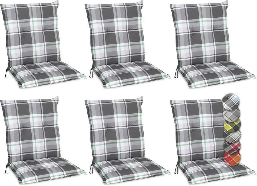 Set van 6 Tuinkussens voor Tuinstoelen Comfortabele Kussens met UV-bestendigheid in Mintgroen Geruit