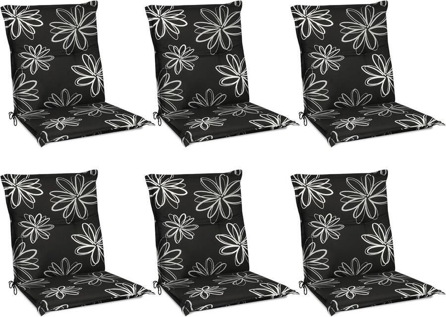 Set van 6 Tuinkussens voor Tuinstoelen met Lage Rugleuning – Comfortabele Zitkussens 100x50 cm in Grijs met Bloemen – UV-bestendig