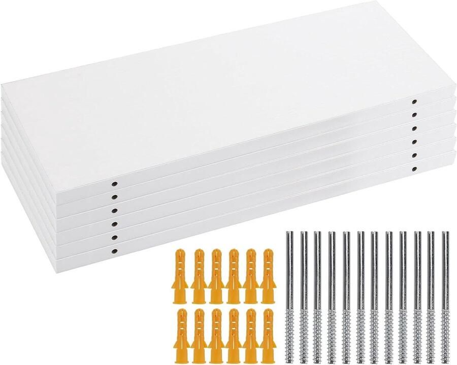 Set van 6 witte zwevende planken van hout 40 x 15 cm wandrek voor woonkamer en badkamer