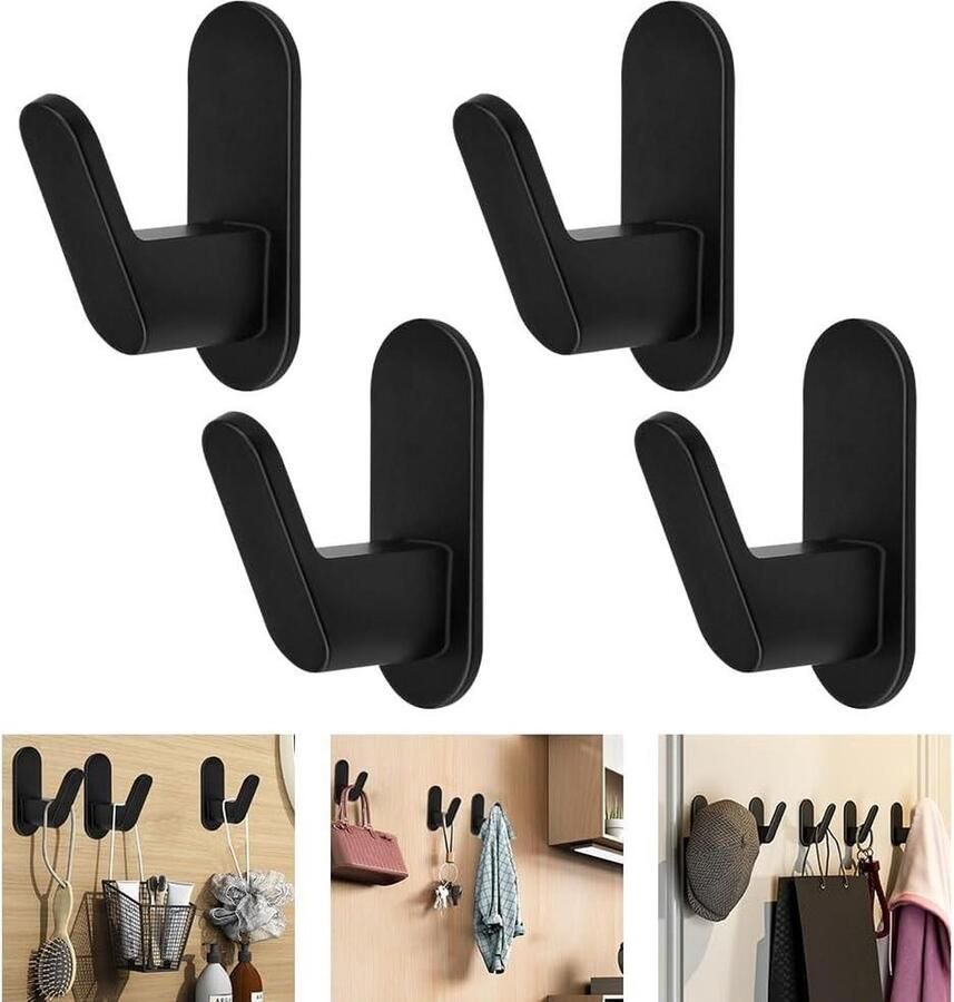 Set van 6 zelfklevende haken voor zwaar gebruik Zelfklevende haken zwart Extra sterke metalen kapstokhaak Aluminium handdoekhaken Wandophanghaken keuken badkamer klevende spijker