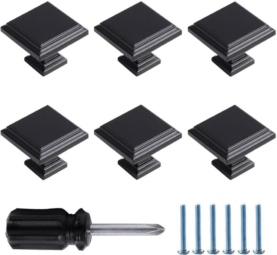 Set van 6 zwarte deurknoppen moderne kastknoppen vierkant