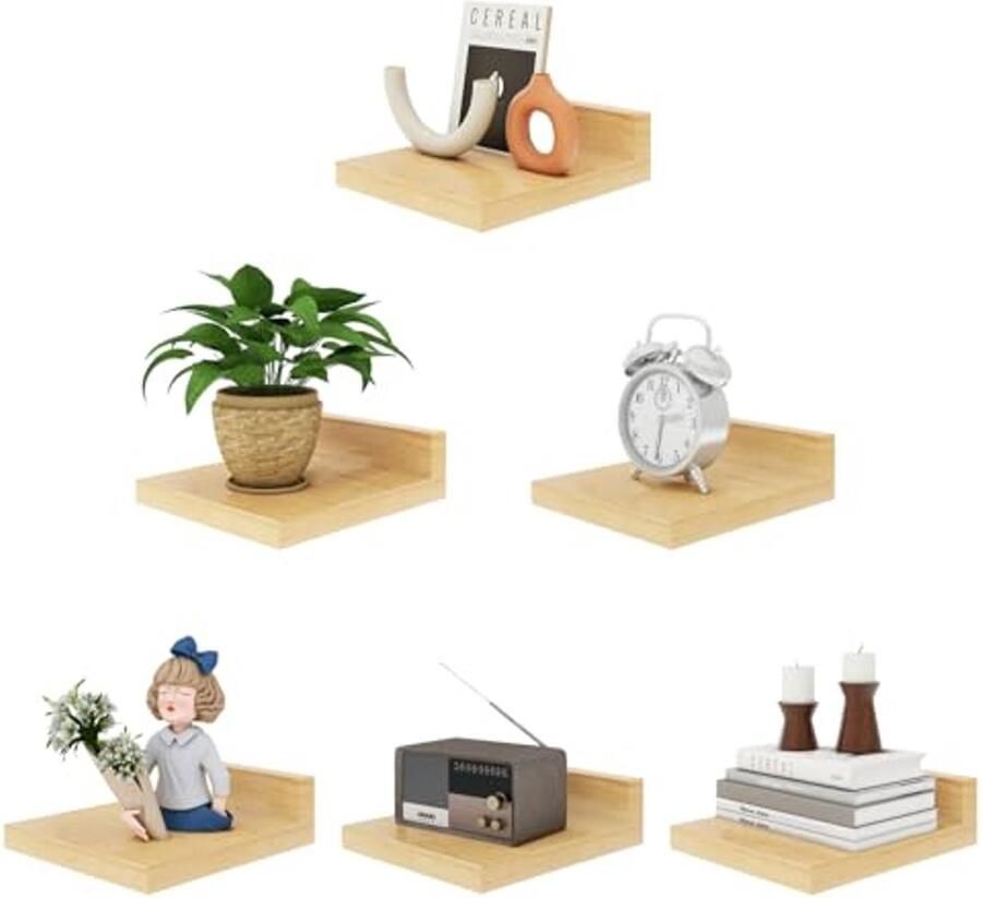 Set van 6 Zwevende Houten Wandplanken voor Slaapkamer Badkamer en Keuken
