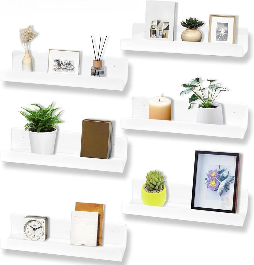 Set van 6 zwevende wandplanken wit kunststof 38 x 11 x 7 8 cm