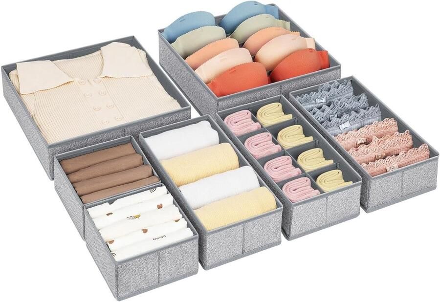 Set of 7 Non-woven Fabric Storage Box Foldable and Breathable Drawer Organizers for Underwear Bras and Socks Light Grey