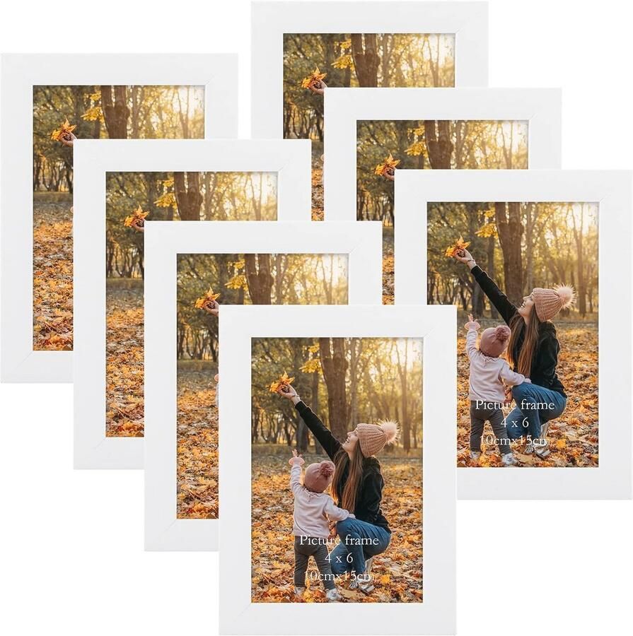 Set van 7 witte fotolijsten 10x15 cm met echt glas voor wand of tafel