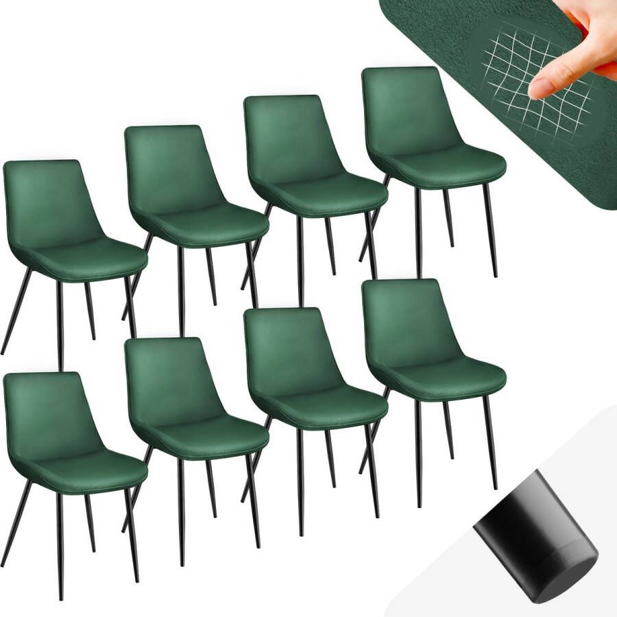 Tectake eetkamerstoelen set van 8 fluwelen gestoffeerde stoelen met rugleuning ergonomische woonkamerstoel met gevoerde fluwelen zitting comfortabele keukenstoel zwarte metalen poten donkergoen - Foto 1