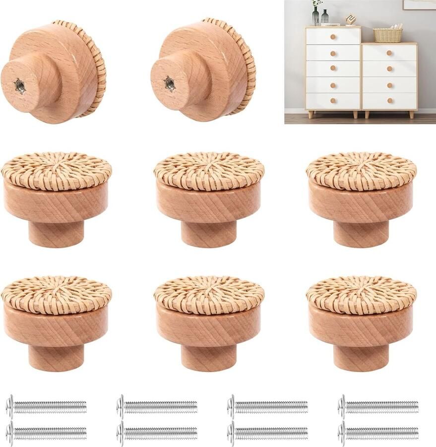 Set van 8 Houten Meubelknoppen Ronde Rattan Deurknoppen voor Keukenkasten en Laden