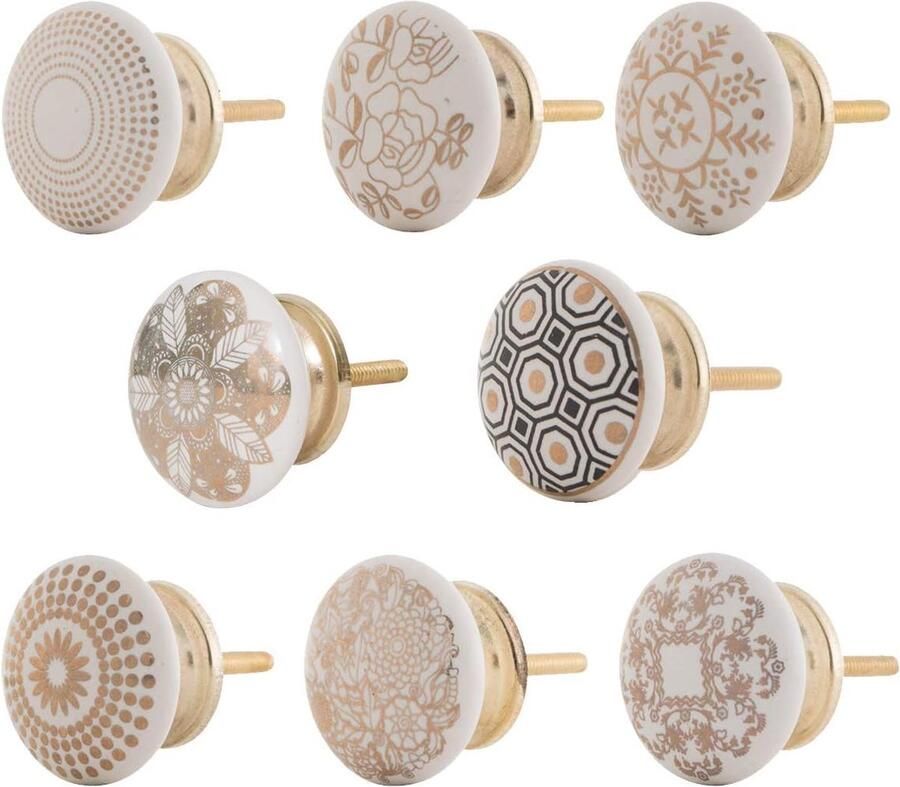 Set van 8 keramische Montur Metrisch M3 gedetailleerd versierd voor kasten laden en meer Art Deco stijl filigraan