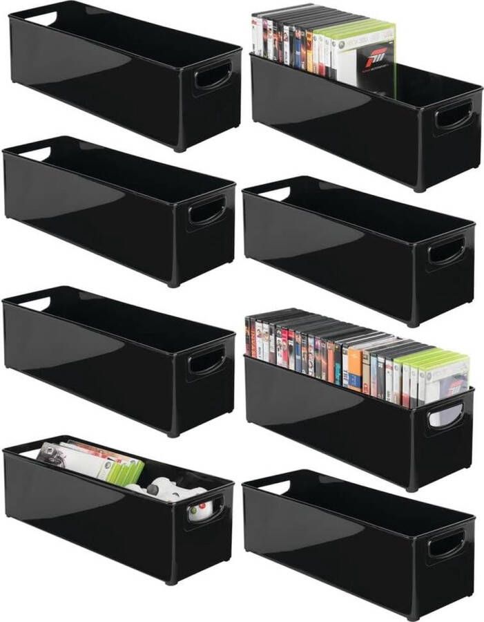 Set van 8 stapelbare dvd-opbergdozen opbergsysteem met handgrepen voor dvd's cd's en videogames praktische plastic opbergdoos zwart