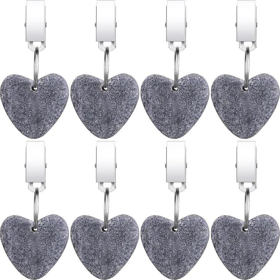 ZVD Set van 8 tafelkleedklemmen Gewichten van natuursteen met clips van roestvrij staal Winddicht voor binnen en buiten Hartvorm Lichtgrijs