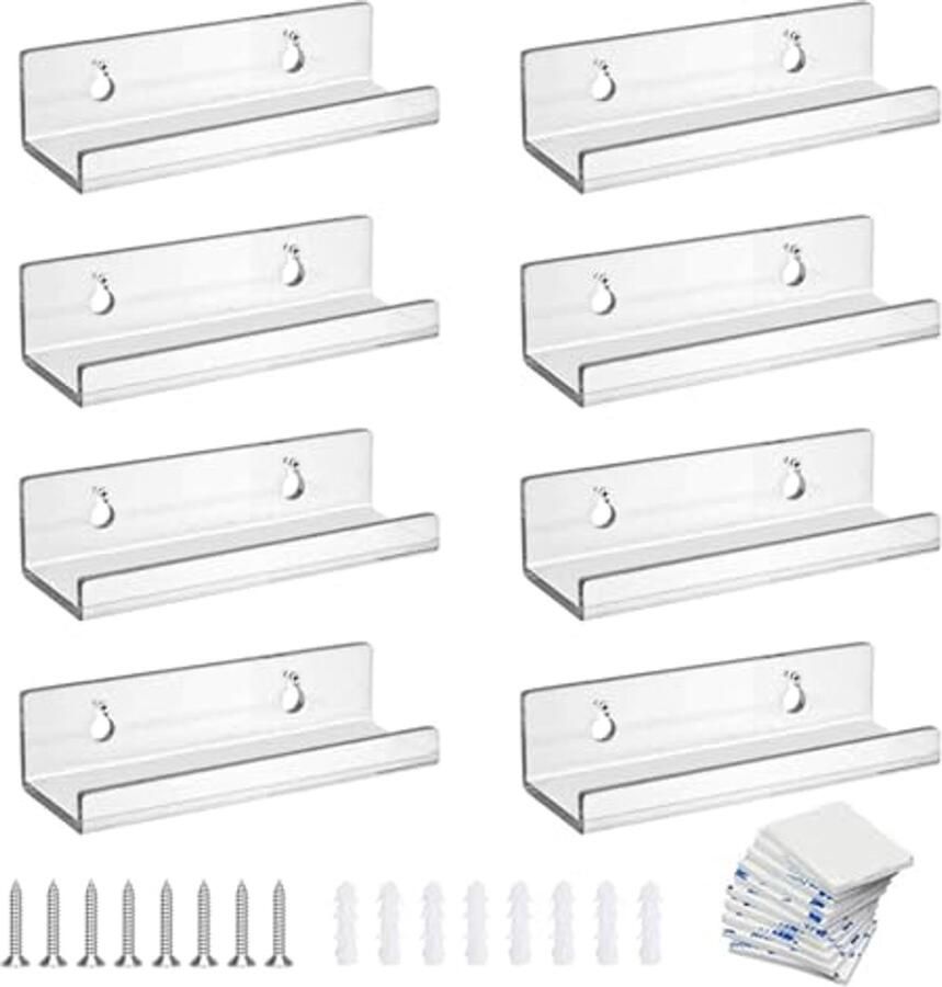Set van 8 Transparante Wandplanken van Acryl voor CD's en Foto's – 10 x 3 5 x 3 cm